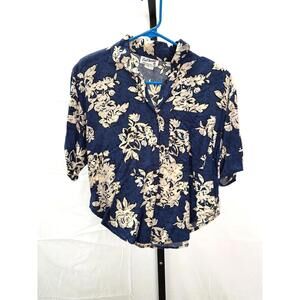 En Chante Small Navy Blue and Cream Floral Women's Blouse